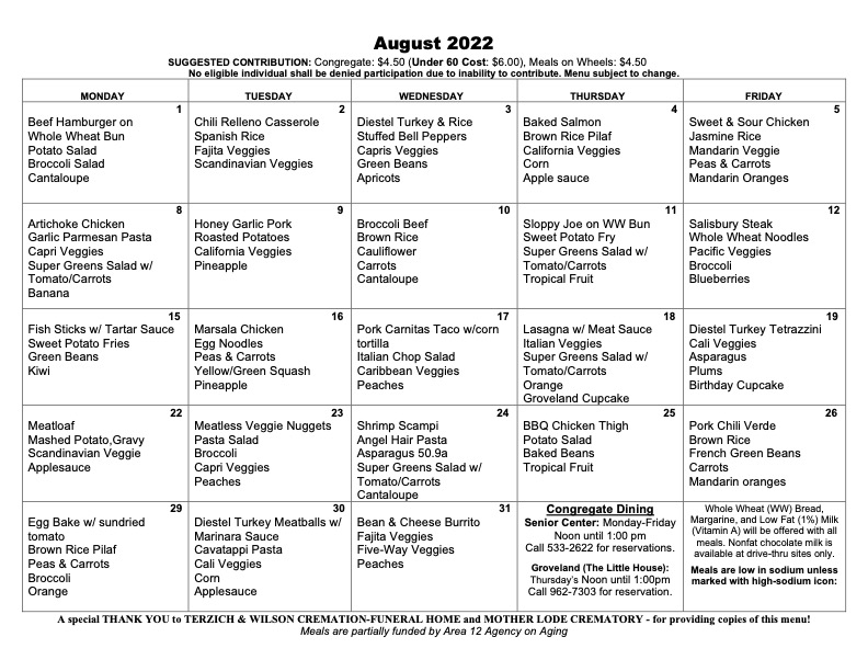August 2022 Menu