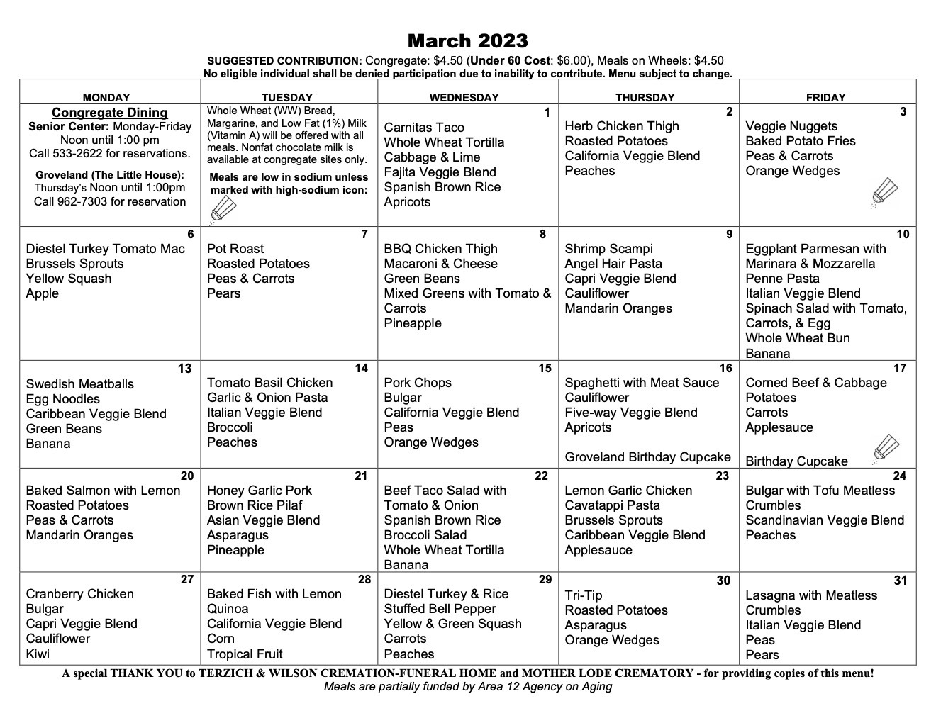 March 2023 Menu