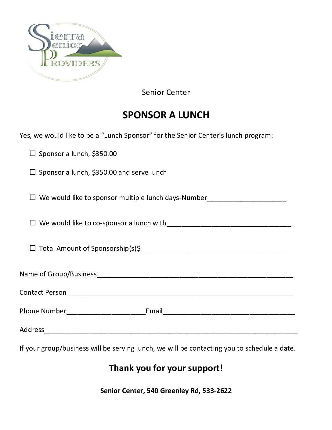 Sponsor Form-Lunch Program