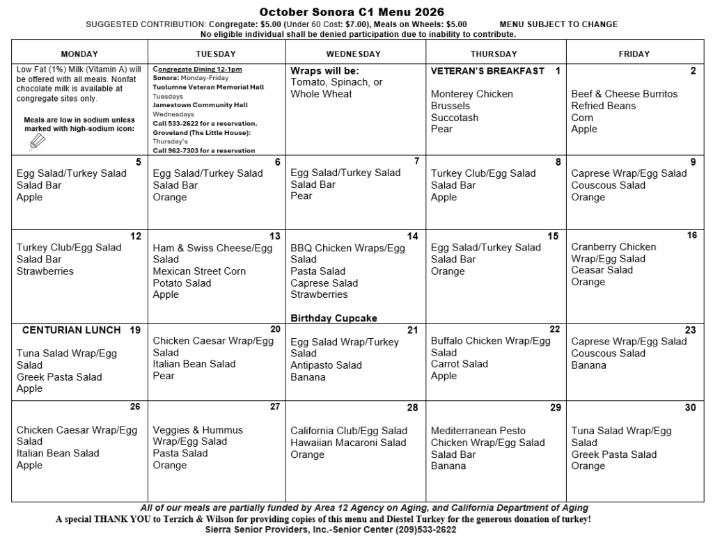 January 2026 Menu